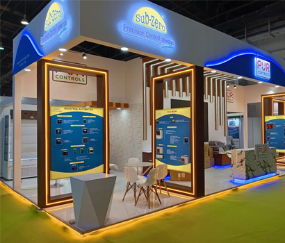 Exhibition stall with vibrant branding design